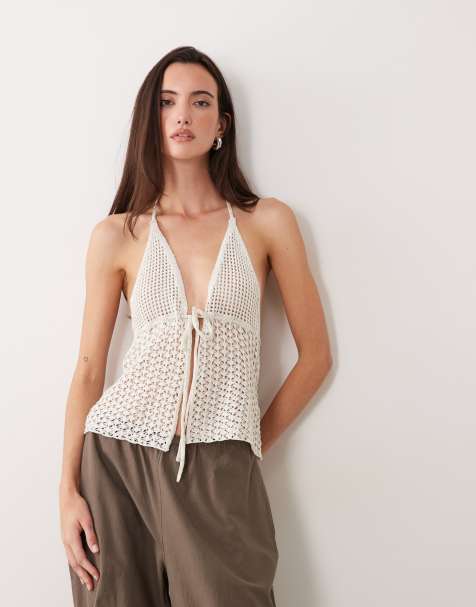 Miss Selfridge - Maglia allacciata al collo in maglia all'uncinetto color oro - view 1