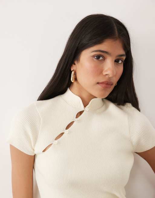 Miss Selfridge - Maglia con colletto alla coreana color latticello