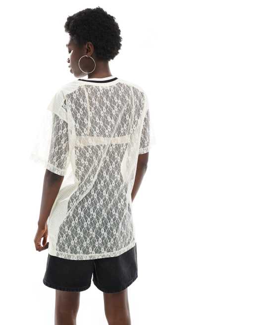 Miss Selfridge - Maglia stile football bianca in pizzo, 2 di 4