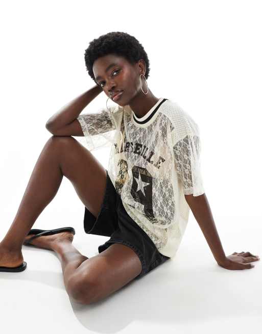 Miss Selfridge - Maglia stile football bianca in pizzo, 3 di 4