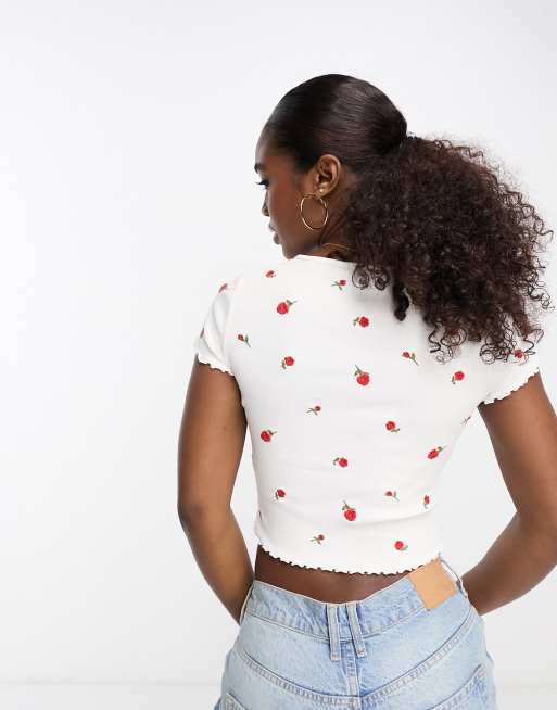 Miss Selfridge - Maglietta bianca a coste con ricami floreali, 3 di 4