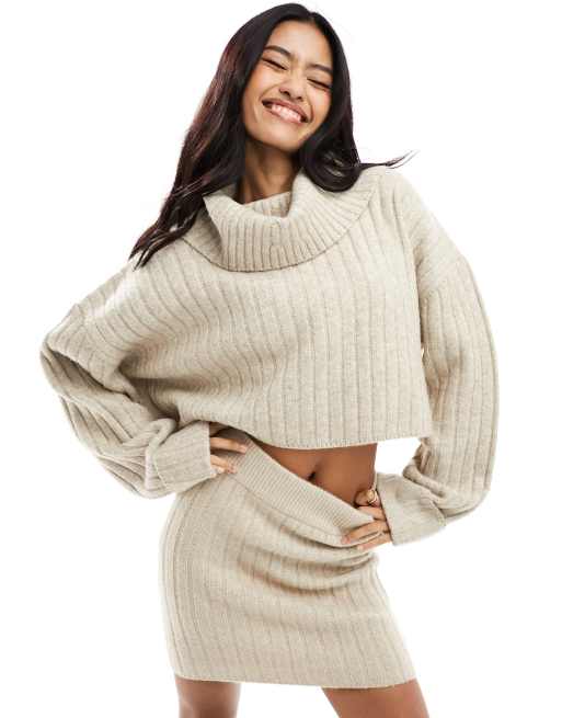 Miss Selfridge - Maglione a coste spesse con scollo ad anello color avena in coordinato