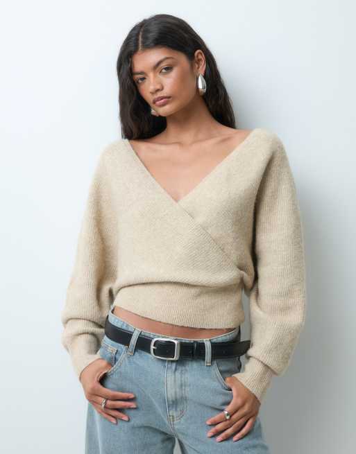 Miss Selfridge maglione avvolgente con maniche a pipistrello color avena, 4 di 5