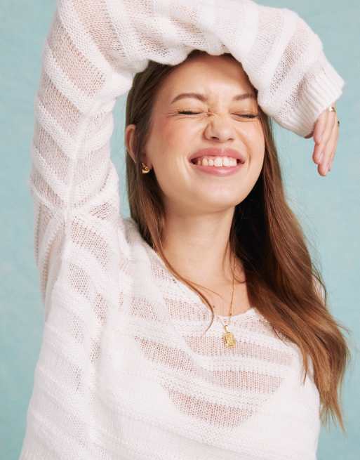 Miss Selfridge - Maglione color crema con scollo a V e maglia lavorata sottile e spessa