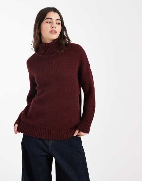 Miss Selfridge - Maglione con collo alto e spacco sul fondo color prugna - view 1
