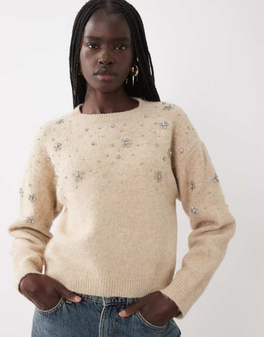 Miss Selfridge maglione decorato con fiori e perline color avena, 1 di 4
