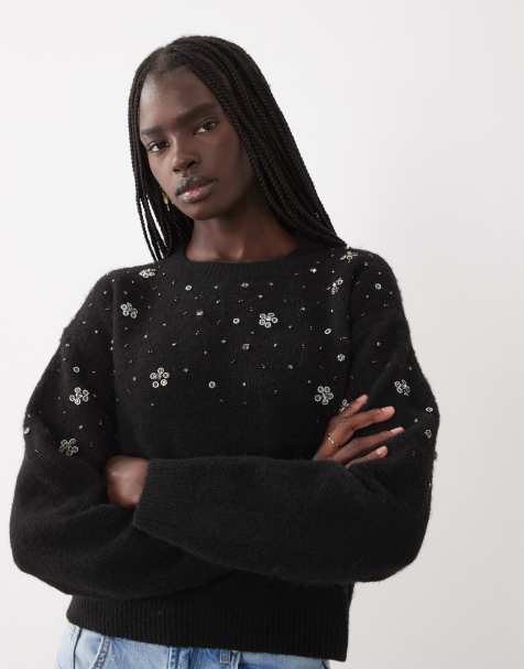 Miss Selfridge maglione decorato con perline floreali nero - view 1