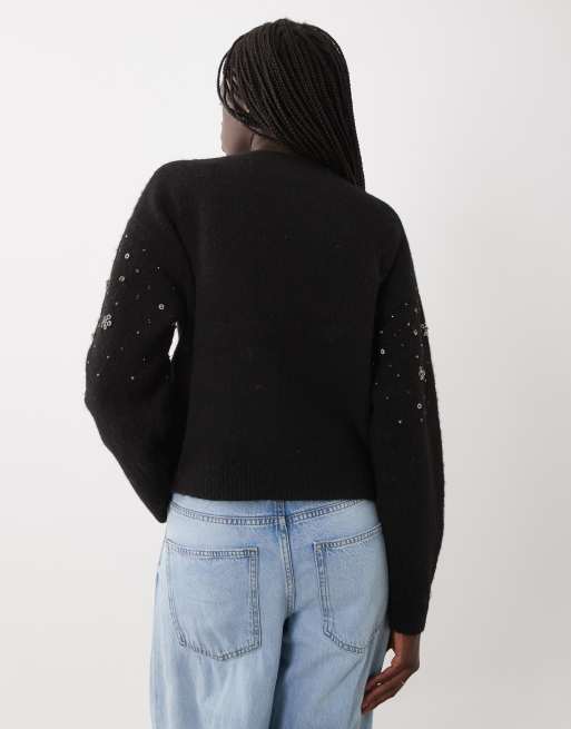 Miss Selfridge maglione decorato con perline floreali nero, 4 di 4