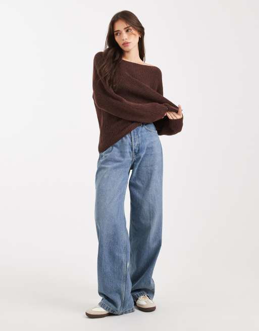 Miss Selfridge - Maglione extra largo color cioccolato con spalle scoperte, 3 di 4