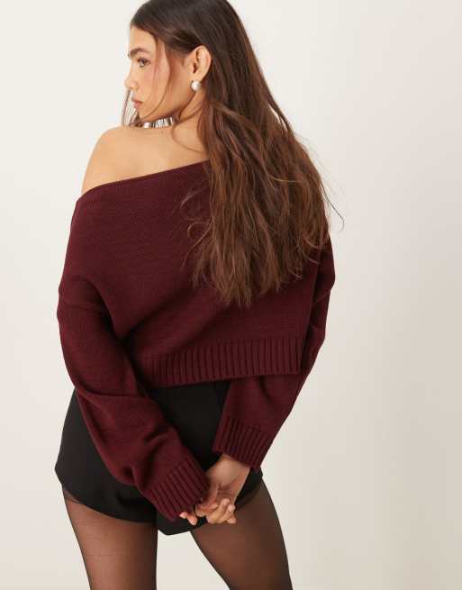 Miss Selfridge - Maglione extra largo con spalla scoperta e disegno di rosa, 3 di 4