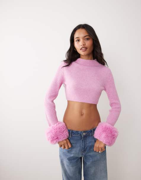 Miss Selfridge maglione lavorato a maglia con collo rotondo, colletto e polsini in pelliccia rosa - view 1