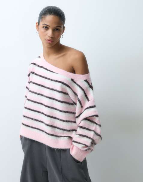 Miss Selfridge maglione lavorato a maglia soffice asimmetrico a righe rosa - view 1