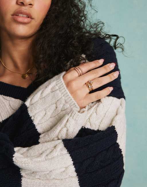 Miss Selfridge - Maglione lavorato a trecce con scollo a V a righe, 2 di 4