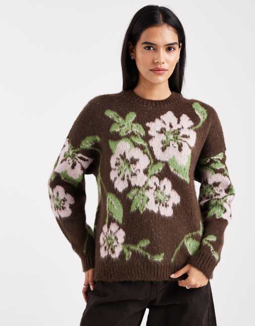 Miss Selfridge - Maglione lavorato color cioccolato a fiori