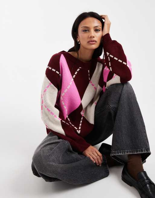 Miss Selfridge - Maglione oversize rosa a losanghe, 2 di 4