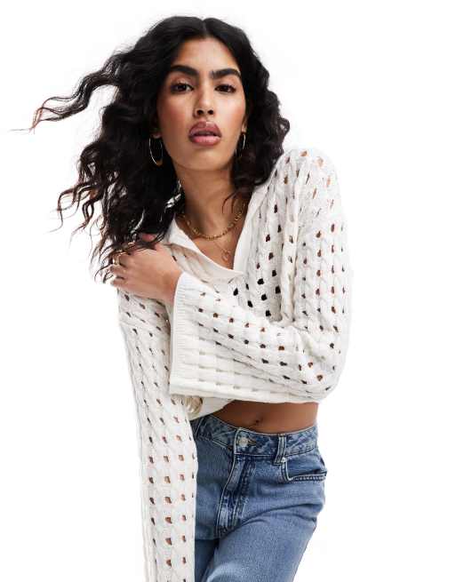 Miss Selfridge - Maglione stile polo a maniche lunghe color crema traforato all'uncinetto