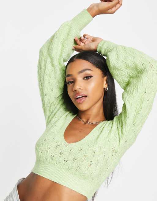 Miss Selfridge Maglione verde in maglia traforata aperto e