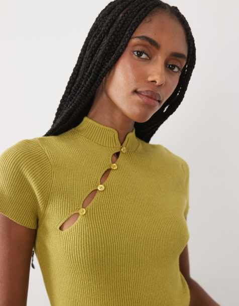 Miss Selfridge - Maglione verde oliva acceso con colletto alla coreana - view 1