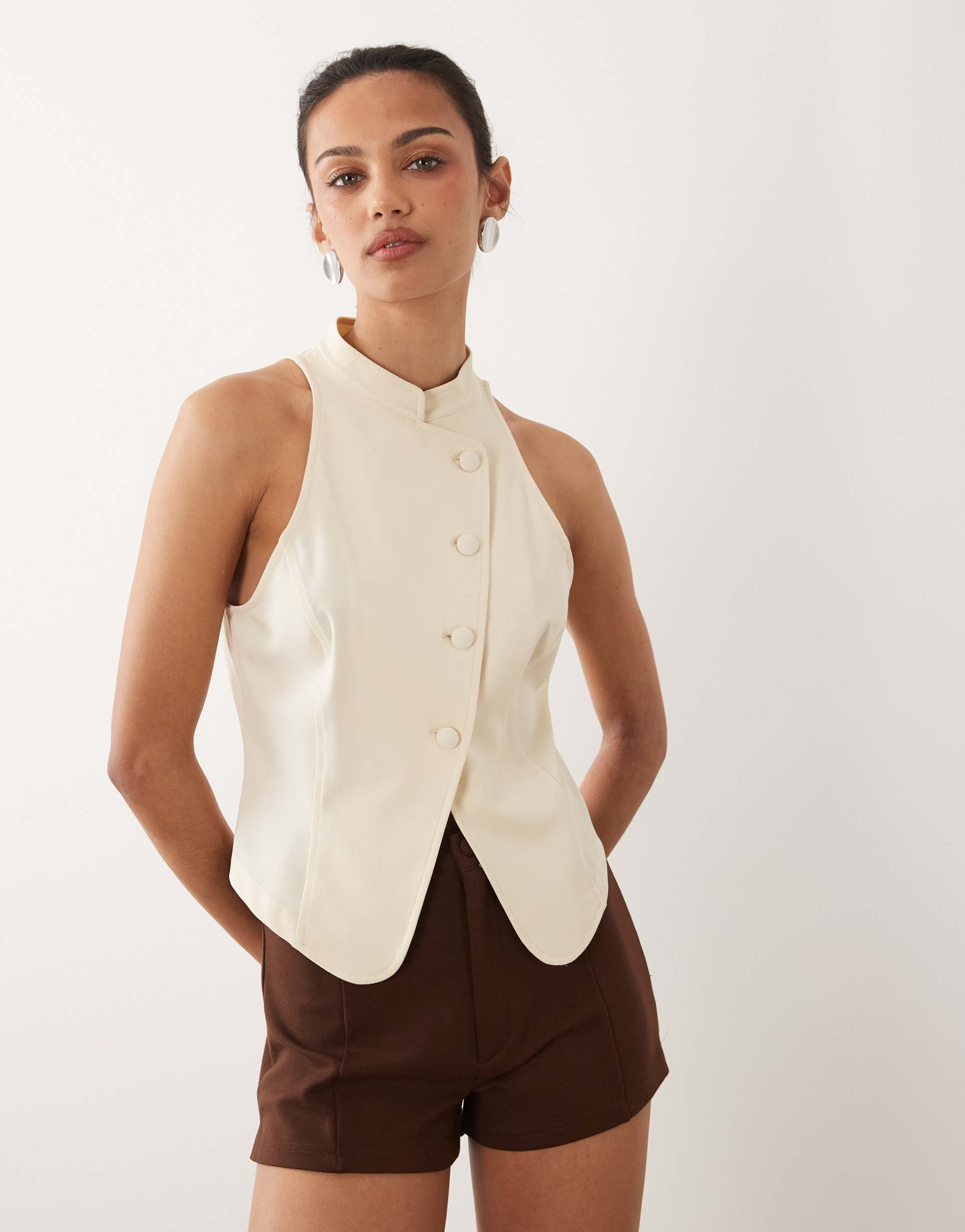 miss selfridge mandarin collar asymmetric top in ivory