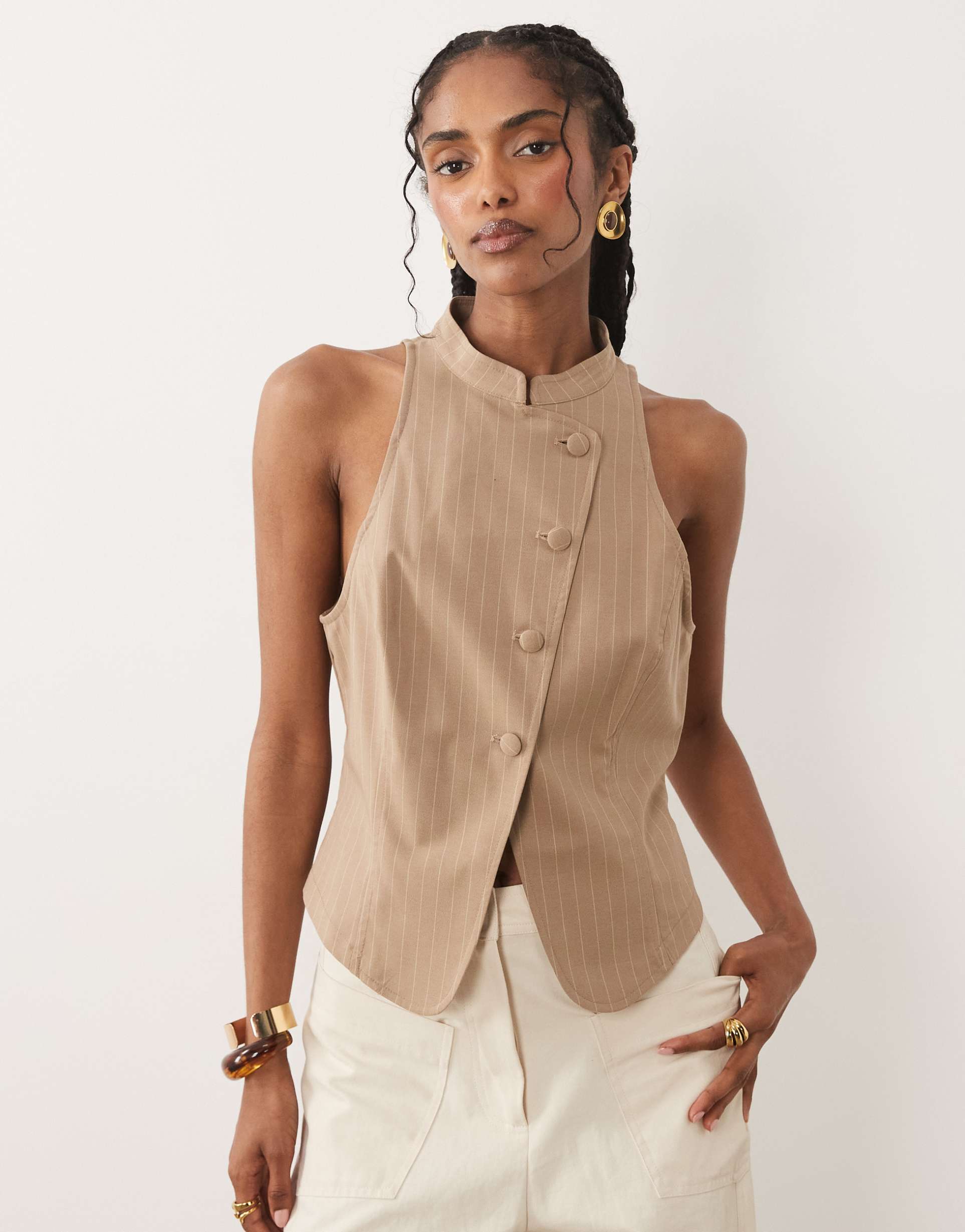 miss selfridge mandarin collar asymmetric top in striped print