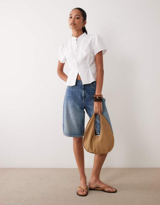 Miss Selfridge Mandarin inspired short sleeve fitted shirt in white, 2 of 4