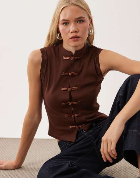 Miss Selfridge mandarin-inspireret vesttop i chokolade - view 1