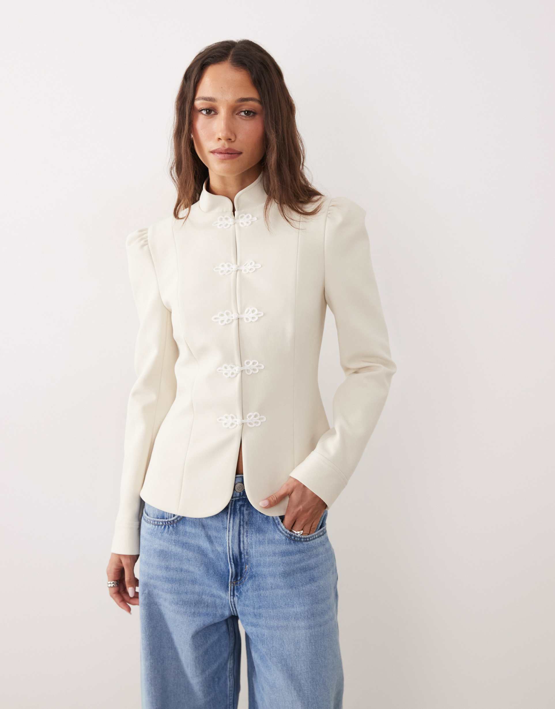 miss selfridge mandarin jacket in ivory
