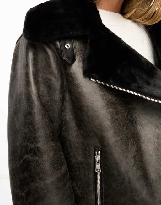 Veste Motard OLIVE Mustang En Fausse Fourrure Noir - Doublure Sherpa Chaude - Taille UK 8