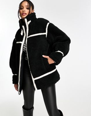 Miss Selfridge faux fur aviator oversized coat in black - ASOS Price Checker