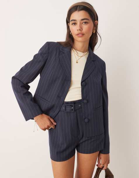 Miss Selfridge – Marinblå, kritstrecksrandig, figursydd kavaj, del av set - view 1