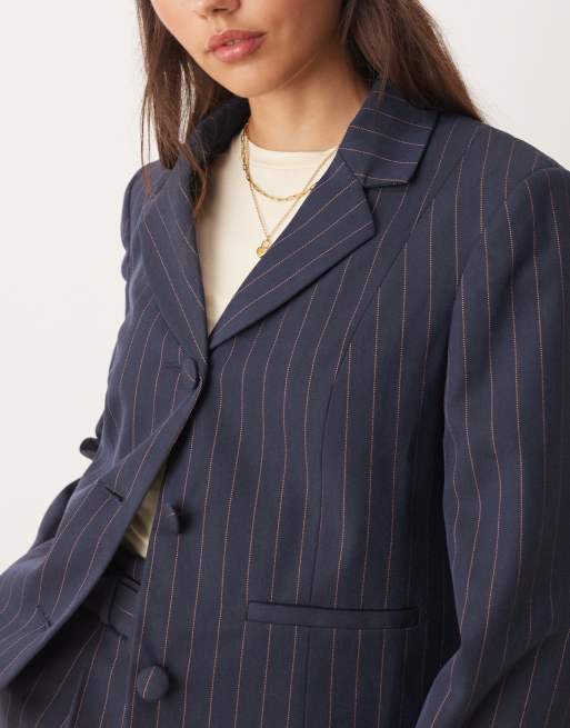 Miss Selfridge – Marinblå, kritstrecksrandig, figursydd kavaj, del av set, 3 av 4