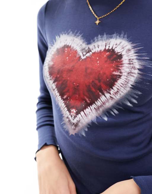 Miss Selfridge – Marinblå, långärmad t-shirt med hjärta, 3 av 4
