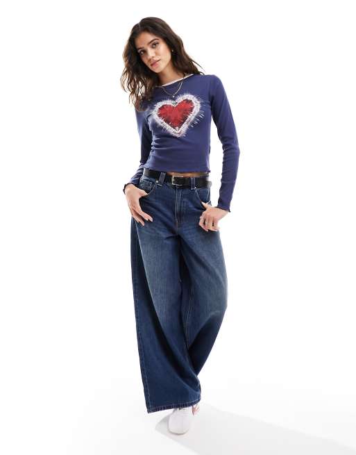 Miss Selfridge – Marinblå, långärmad t-shirt med hjärta, 4 av 4