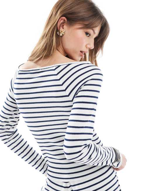 Miss Selfridge - Marineblå langærmet top med lige hals og striber - Del af sæt, 4 af 4