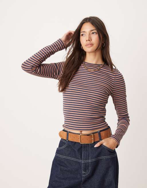 Miss Selfridge - Marineblå og brun ribstrikket top med rund hals, lange ærmer og striber