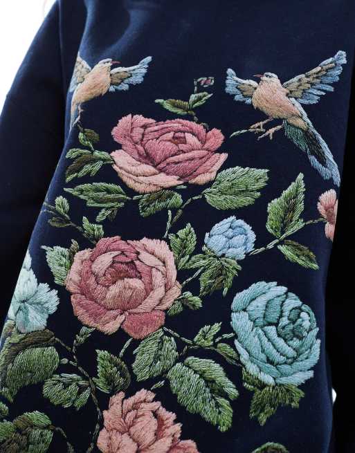 Miss Selfridge - Marineblå og oversized sweatshirt med tapetlignende blomsterudsmykning, 3 af 4