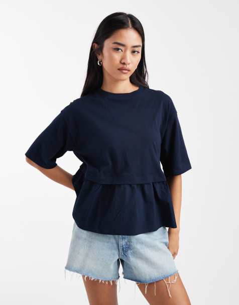 Miss Selfridge - Marineblå T-shirt i poplin-blanding - view 1