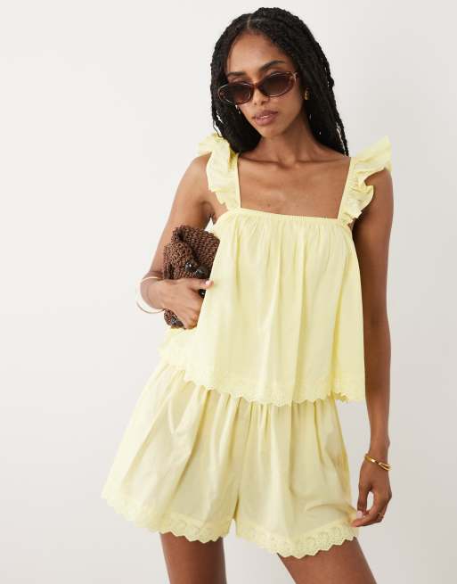 Miss Selfridge – Maślanożółty krótki kombinezon z falbanką, 4 z 4