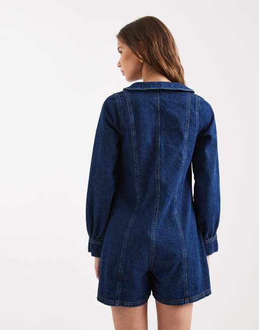 Miss Selfridge - Matrozen-playsuit met lange mouwen in mid-wash, 3 van 4
