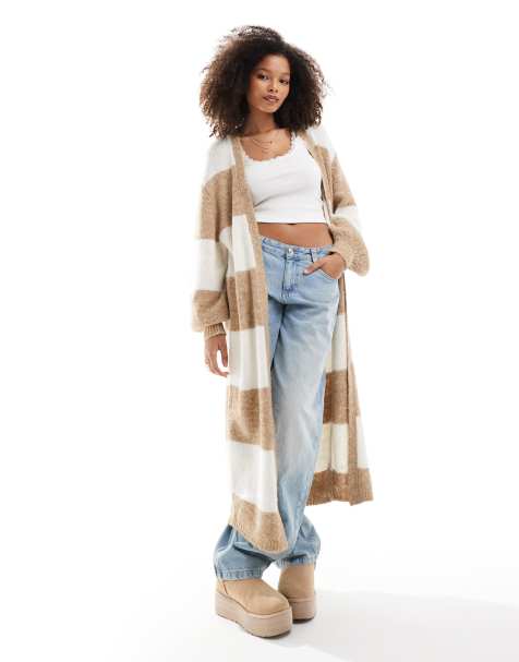 Miss Selfridge maxi cardigan in neutral stripe - view 1