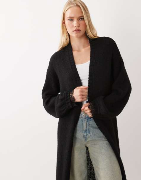 Miss Selfridge maxi cardigan with lace cuff detail in black - view 1
