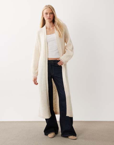 Miss Selfridge maxi cardigan with lace cuff detail in oatmeal - view 1
