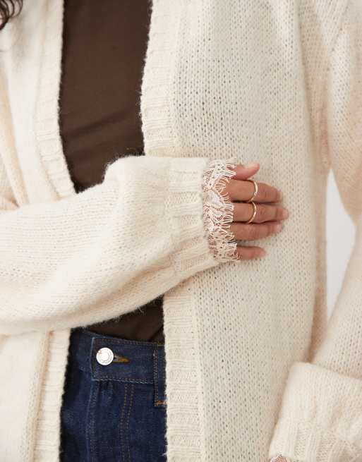 Miss Selfridge maxi cardigan with lace cuff detail in oatmeal, 3 of 4
