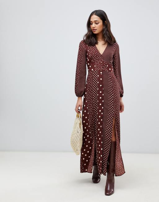 Maxi dress with blouson sleeve in mixed polka dot