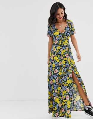 miss selfridge maxi dress with button through in black pattern