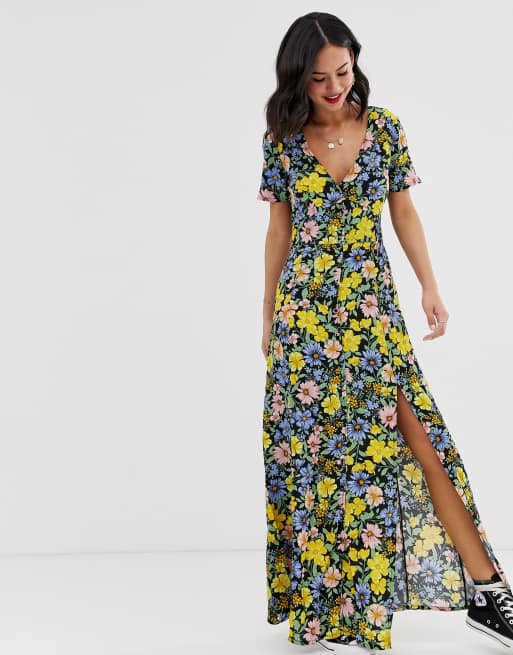 Miss Selfridge maxi dress with button through in black pattern | ASOS