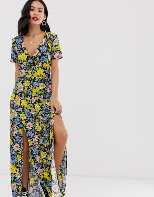 miss selfridge maxi dress with button through in black pattern