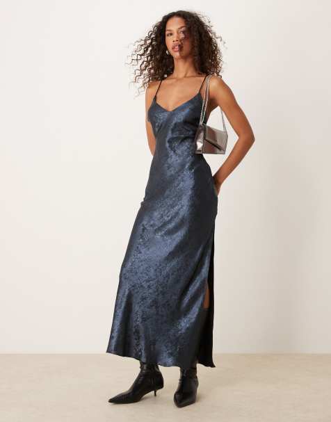 Miss Selfridge - Maxi jurk met bandjes in metallic blauw - view 1