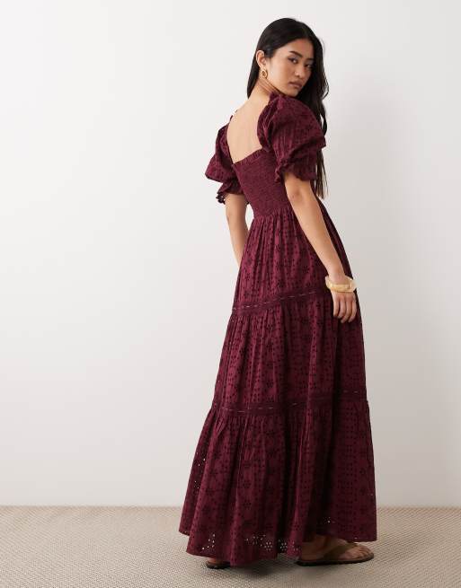 Miss Selfridge - Maxi jurk met pofmouwen en broderie in fig, 3 van 4