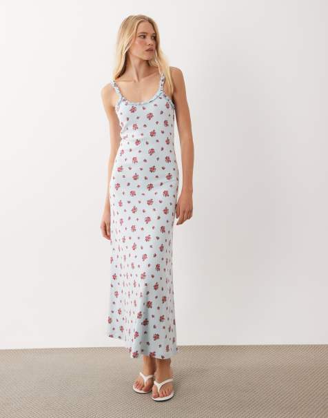 Miss Selfridge maxi-jurk met ribstructuur, print en cami-top in blauw met kleine bloemenprint - view 1